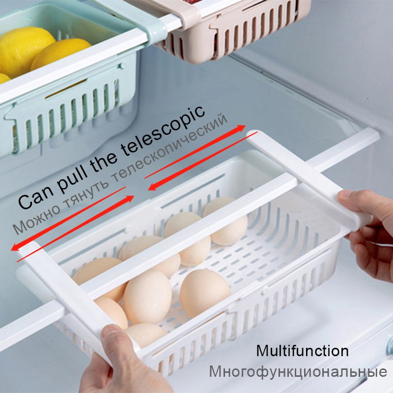 Adjustable fridge shelf organizer holding eggs with telescopic design for efficient storage.