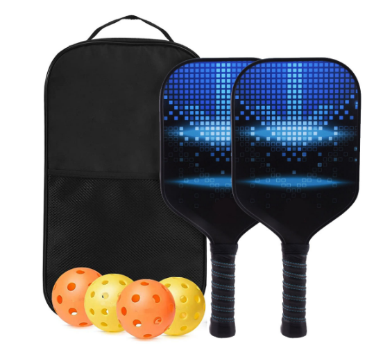 Pickleball Paddle Set with 2 paddles, 4 balls, and carrying bag for enhanced gameplay.